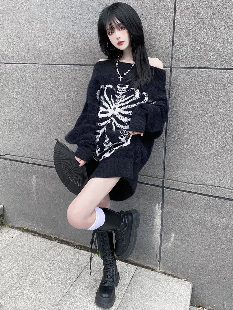 Grunge Sweater Fashion Streetwear Y2k Aesthetic Blackpullover Skull Print Gothc Women Jumper Harajuku Loose Knitwear