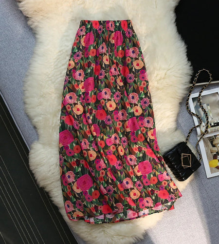 Casual Vintage Floral Print A-line Pleated Long Skirts Summer Women Skirt Elegant Holiday Clothes Elastic Waist Midi Skirt