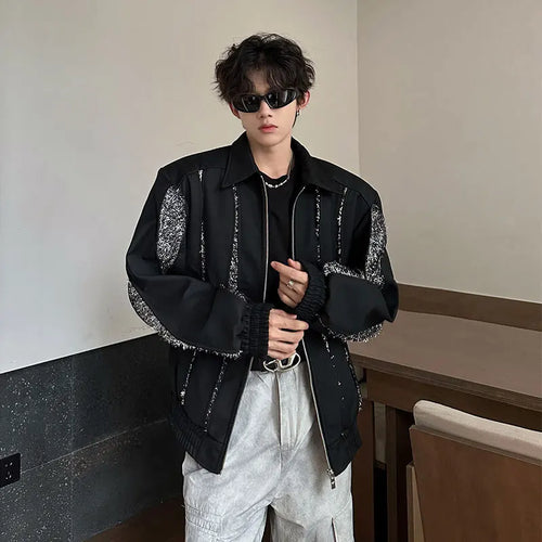 Load image into Gallery viewer, Sequin Design Men Coat Zipper Lapel Pockets Splice Shoulder Pad High Street Male Loose Jacket 2024 Autumn Winter 9C9033
