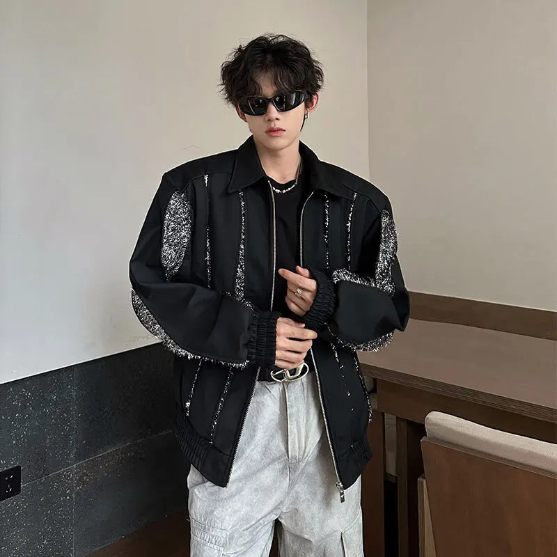 Sequin Design Men Coat Zipper Lapel Pockets Splice Shoulder Pad High Street Male Loose Jacket 2024 Autumn Winter 9C9033
