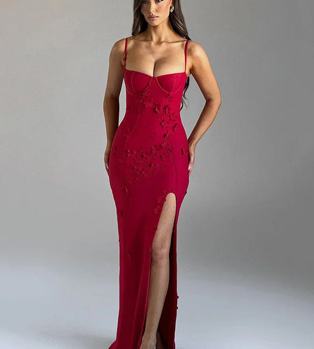 3D Flower Spaghetti Strap Sexy Maxi Dress Women Fashion Off-shoulder Backless Thigh High Split Evening Club Party Dress