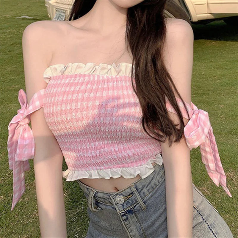 2000s Girls Clothes Women Plaid Ruffle Sleeveless Backless Halter Neck Crop Top Fairycore Tee y2k Clothing Streetwear