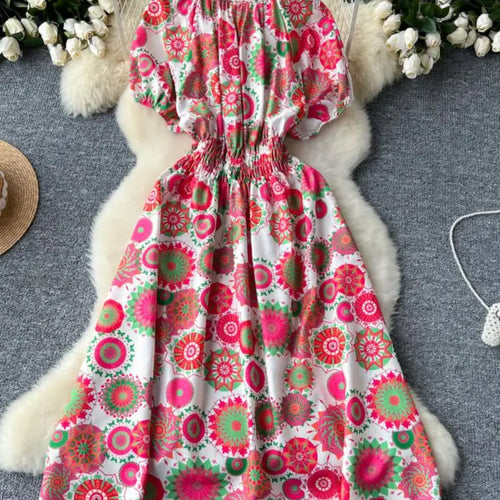 Load image into Gallery viewer, French Retro Women Print Vacation Long Dress 2024 Summer High Waist Round Neck Short Sleeved Lace-up Pleated Dress Bohemian Chic
