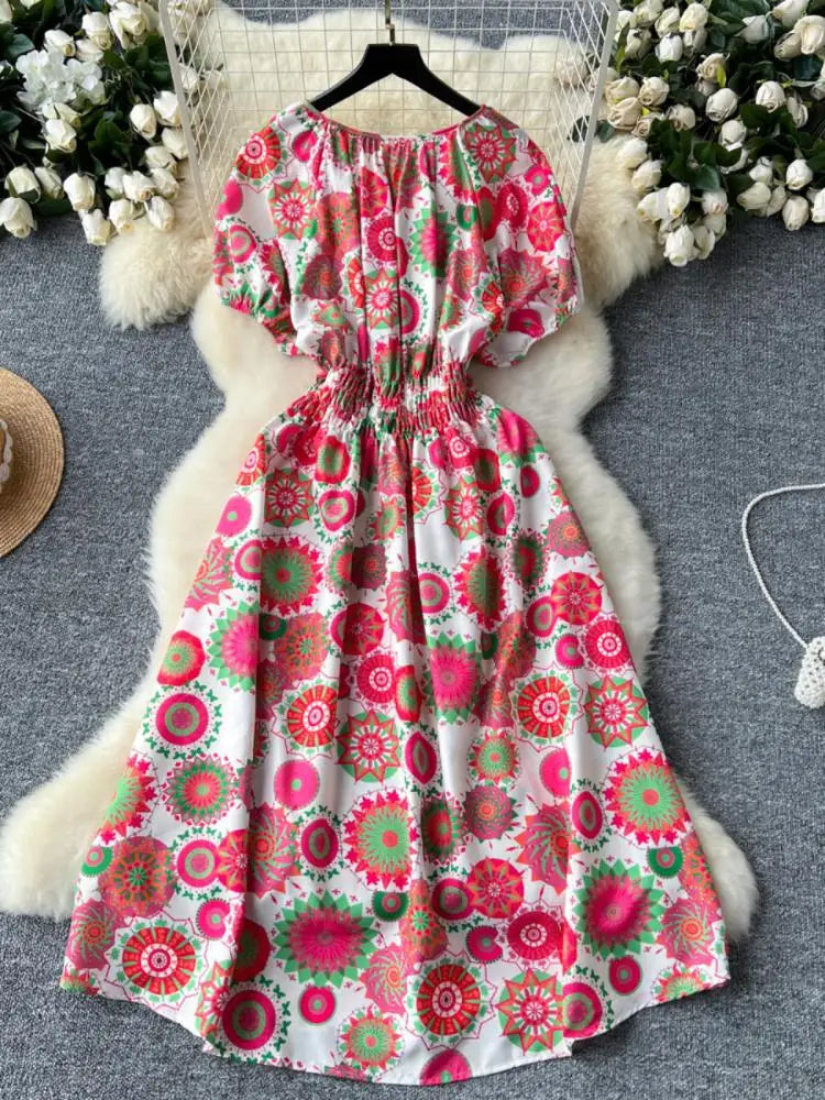 French Retro Women Print Vacation Long Dress 2024 Summer High Waist Round Neck Short Sleeved Lace-up Pleated Dress Bohemian Chic