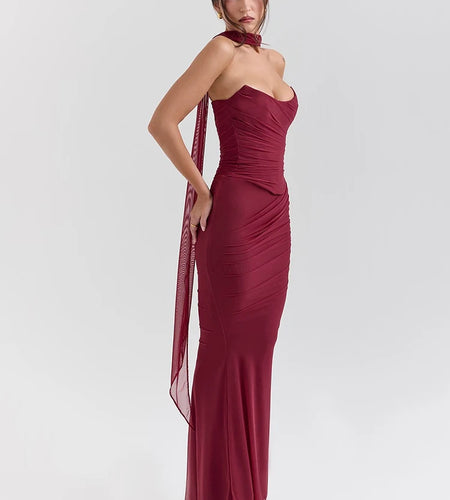 Wine Red Sexy Two Piece Sets Women Neckerchief Strapless Crop Tops And Maxi Skirt Sets Club Party Skirt Two Piece Sets