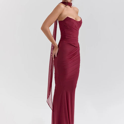 Load image into Gallery viewer, Wine Red Sexy Two Piece Sets Women Neckerchief Strapless Crop Tops And Maxi Skirt Sets Club Party Skirt Two Piece Sets
