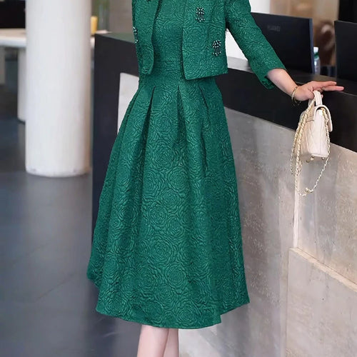 Load image into Gallery viewer, Elegant Two Piece Sets for Women Round Neck Long Sleeves Spliced Bead Jacket O Neck Patchwork Folds Dress Set Female
