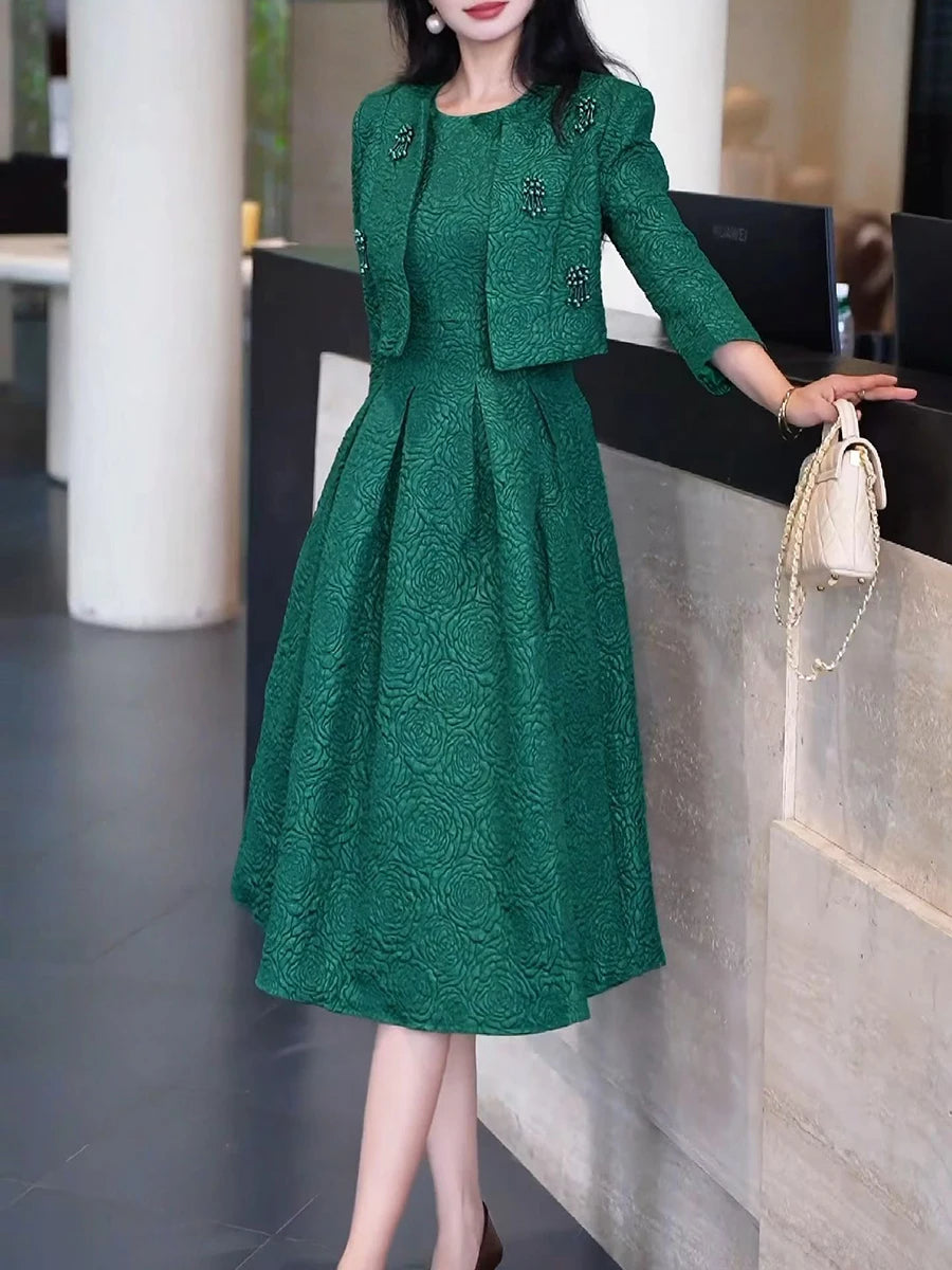 Elegant Two Piece Sets for Women Round Neck Long Sleeves Spliced Bead Jacket O Neck Patchwork Folds Dress Set Female