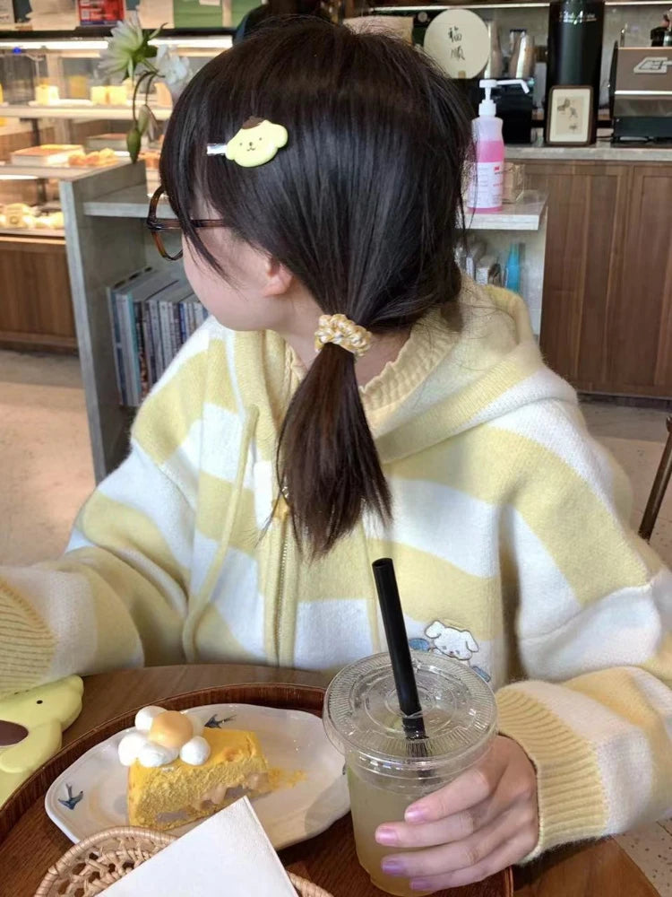 Japanese Kawaii Cartoon Dog Embroidery Knited Cardigan Women All Match Striped Sweater Jackets Hooded Coats Kardigany