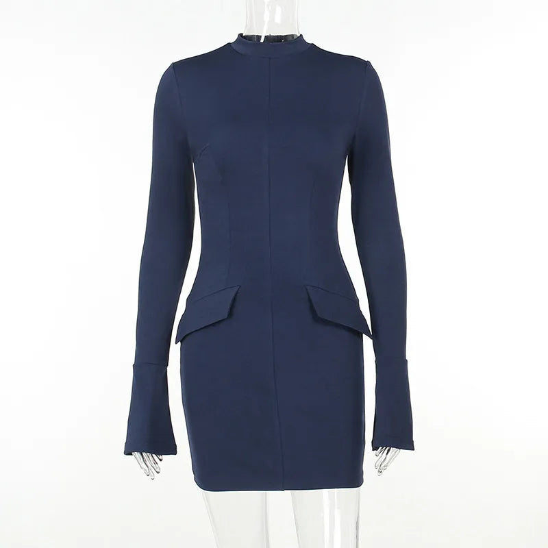 Dark Blue Two Pocket Sexy Mini Dress For Women 2023 Autumn Winter New Long Sleeve Bodycon Club Party Dress Elegant