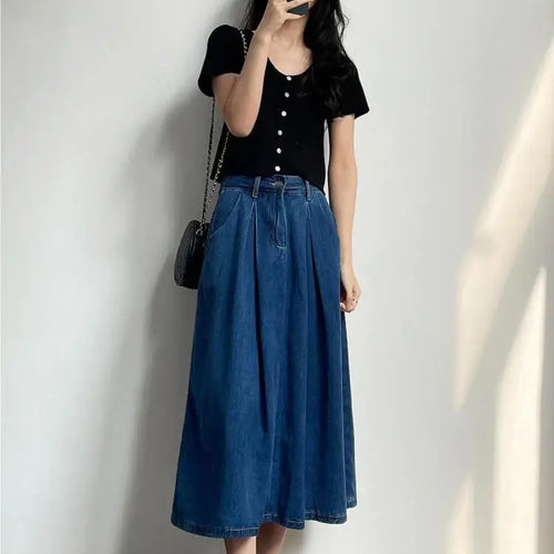 Load image into Gallery viewer, Vintage Blue High Waist Women's Elegant Slim Party Denim A-line Long Skirts Spring Summer Pleated Umbrella Skirt Female 2024 New
