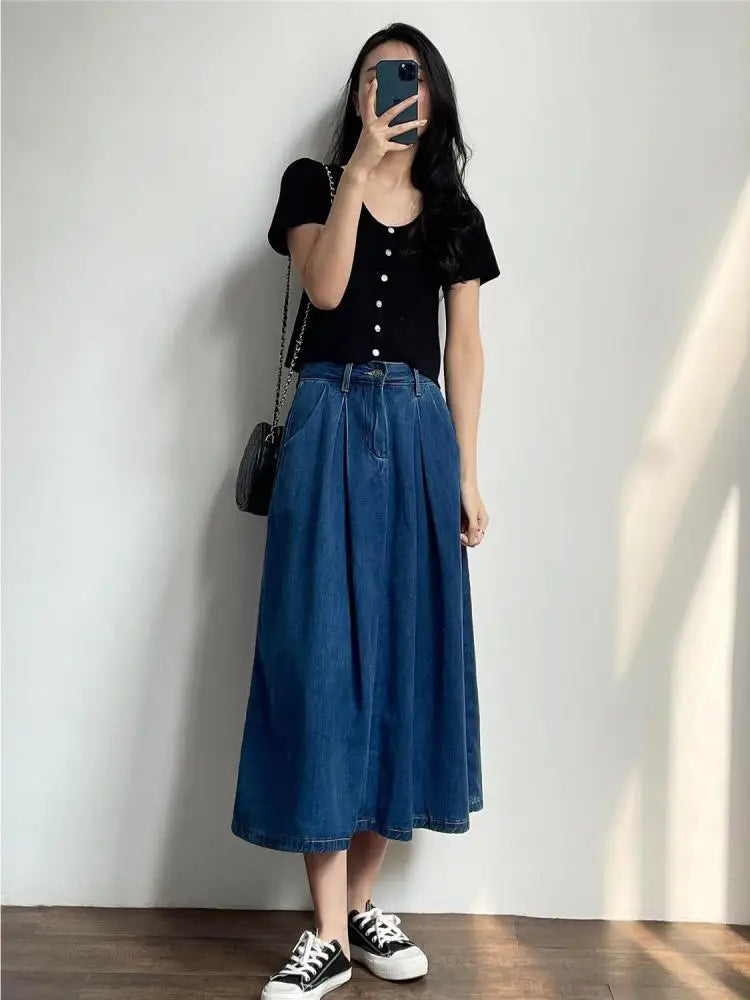 Vintage Blue High Waist Women's Elegant Slim Party Denim A-line Long Skirts Spring Summer Pleated Umbrella Skirt Female 2024 New