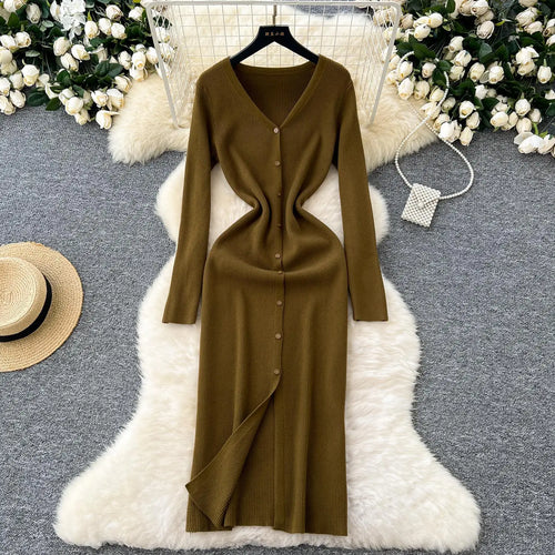 Load image into Gallery viewer, Korean Women Solid V-neck Single Breasted Festival Dresses Autumn Winter Slim Long Sleeve Office Knitted Dress Ladies Simplicity
