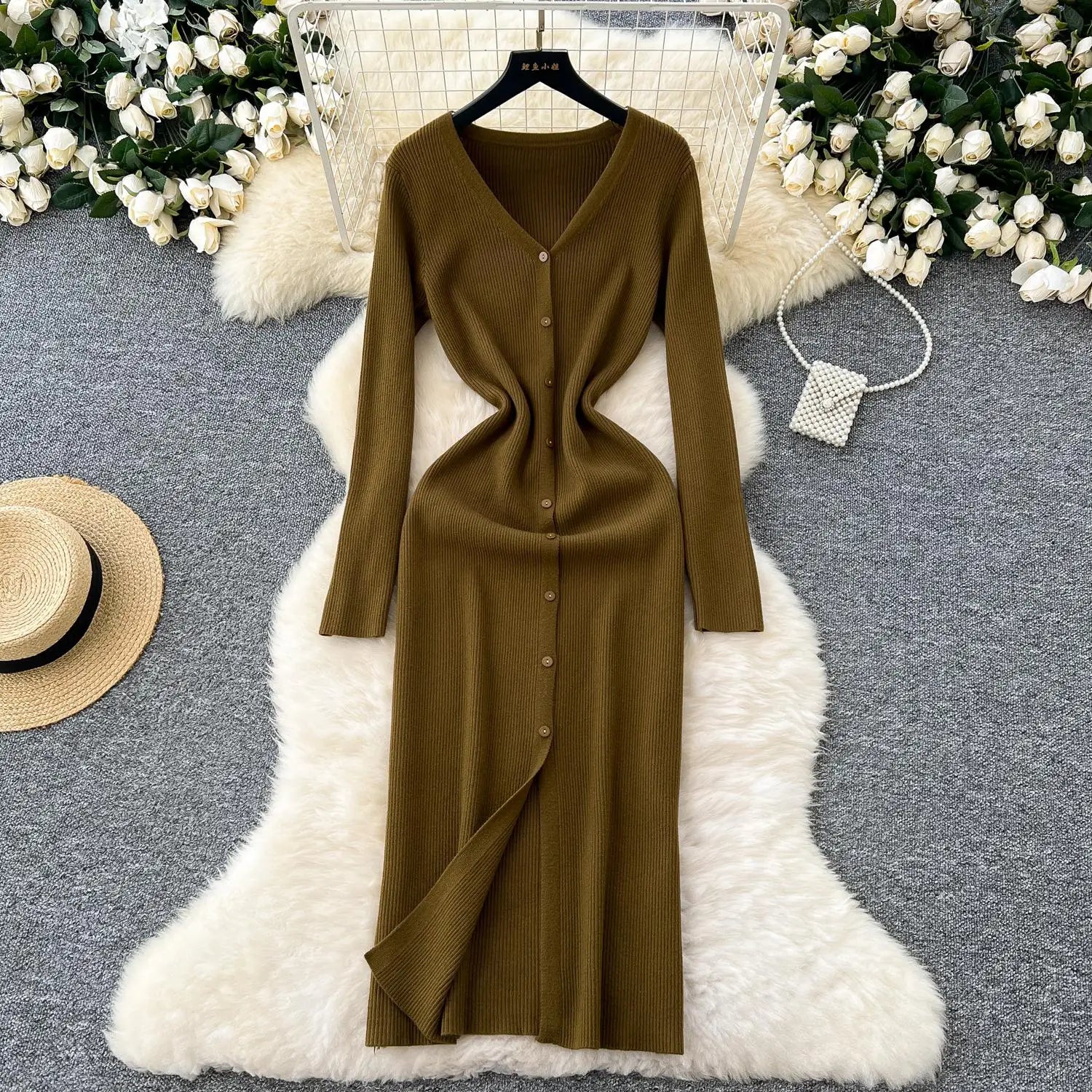 Korean Women Solid V-neck Single Breasted Festival Dresses Autumn Winter Slim Long Sleeve Office Knitted Dress Ladies Simplicity