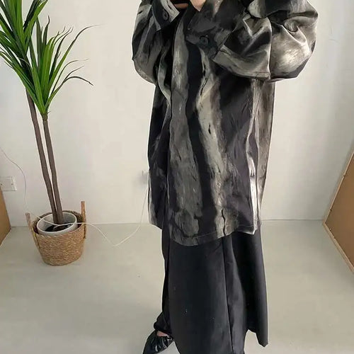 Load image into Gallery viewer, Women Black Tie Dye Should Padded Big Size Blouse New Lapel Long Sleeve Loose Fit Shirt Fashion Spring Autumn 2025 1DF0348
