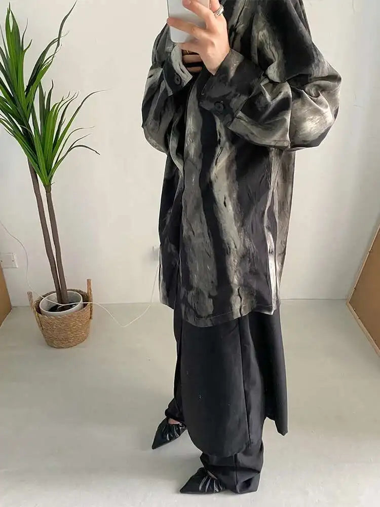 Women Black Tie Dye Should Padded Big Size Blouse New Lapel Long Sleeve Loose Fit Shirt Fashion Spring Autumn 2025 1DF0348