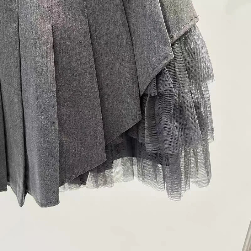 Korean 2024 Spring Summer Women Black Mesh Patchwork High Waist Mini Skirt White Sexy Club Girl Party A-line Pleated Short Skirt