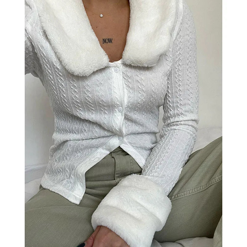 Stylish White Winter T-shirt Women Faux Fur Trim Collar Buttons Up Fluffy Cardigan Streetwear Slim Top Outwear Autumn