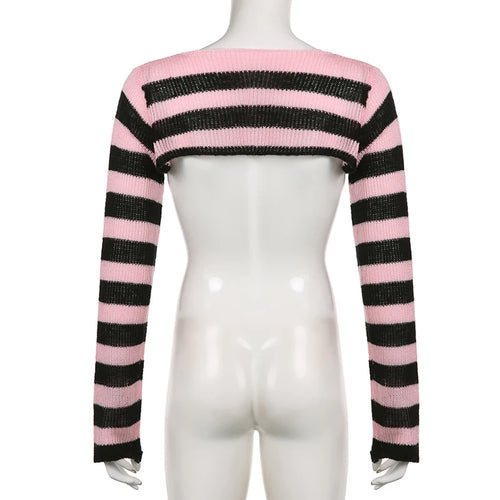 Load image into Gallery viewer, Harajuku Retro Short Knitted Sweater Smock Top Long Sleeve Pink Stripe Korean Style Pullover Autumn Coquette Clothing
