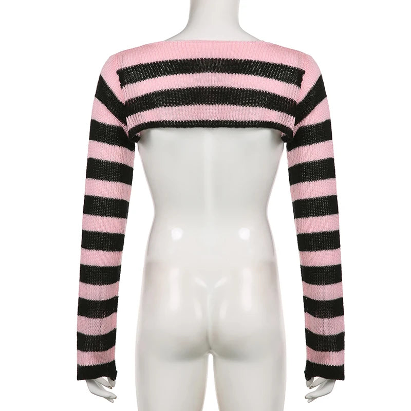 Harajuku Retro Short Knitted Sweater Smock Top Long Sleeve Pink Stripe Korean Style Pullover Autumn Coquette Clothing