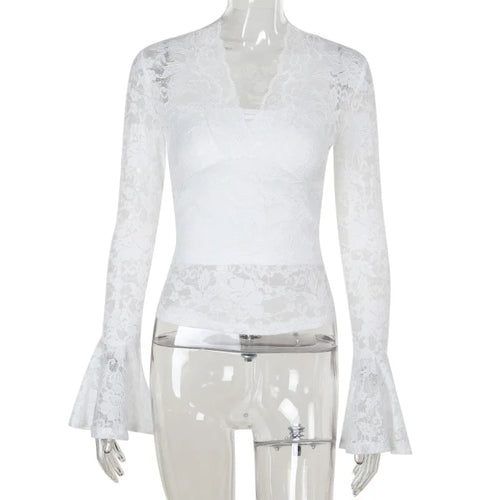 Load image into Gallery viewer, Lace Embroidery Flower Bodycon Shirts Spring Women Y2k Aesthetic Flare Sleeve Vintage T-shirt Grunge Sexy Cropped Fairy Tops
