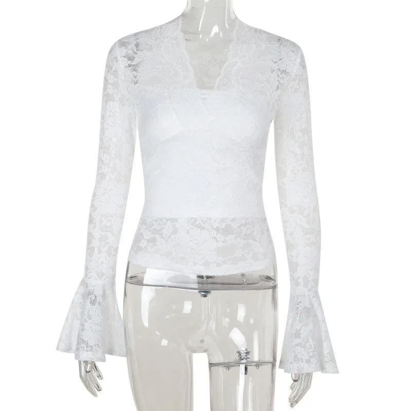 Lace Embroidery Flower Bodycon Shirts Spring Women Y2k Aesthetic Flare Sleeve Vintage T-shirt Grunge Sexy Cropped Fairy Tops