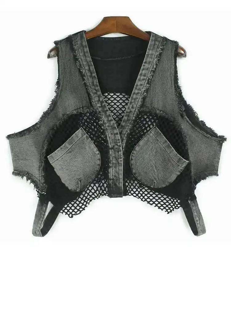 Big Size Denim Vest Wide Leg Pants Two Piece Suit New V-Neck Sleeveless Women Fashion Tide Spring Autumn 20251DH9963