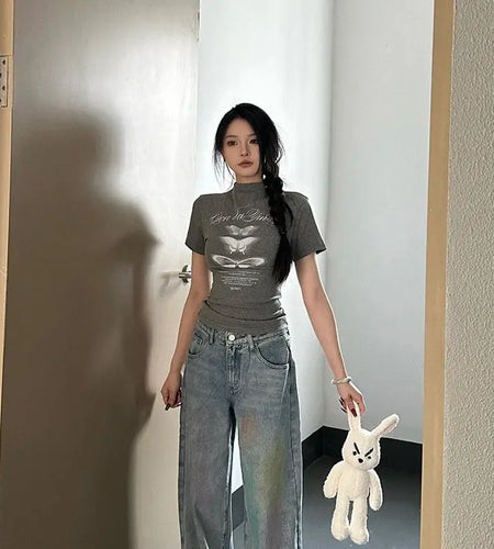 Half High Collar Summer T Shirts for Women Short Sleeve Tunic Tees Crop Tops 2024 Ropa Mujer Casual Fashion Summer Y2k Tshirt