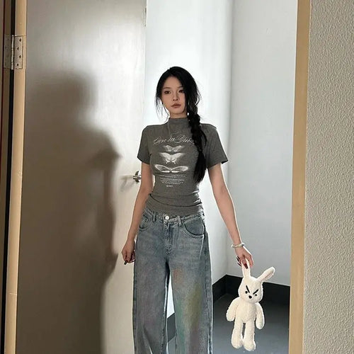 Load image into Gallery viewer, Half High Collar Summer T Shirts for Women Short Sleeve Tunic Tees Crop Tops 2024 Ropa Mujer Casual Fashion Summer Y2k Tshirt
