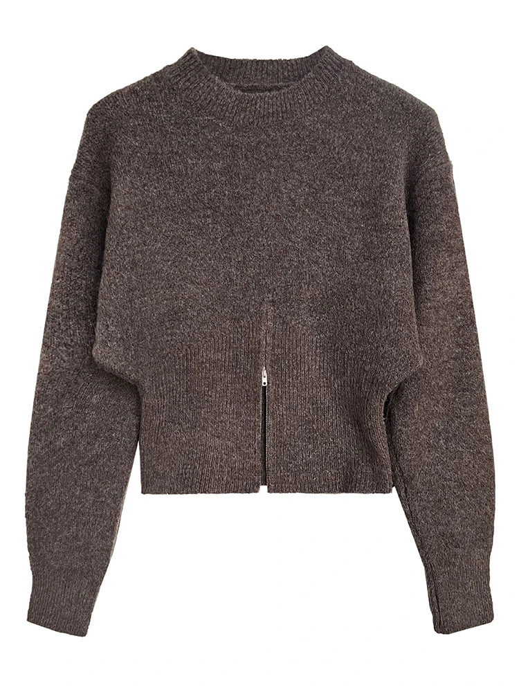 Gray Hen Zipper Big Size Knitting Sweater Round Neck Long Sleeve Women Pullovers New Fashion Spring Autumn 2025 1DH1073