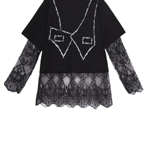 Load image into Gallery viewer, Women Black Pattern Lace Perspective Big Size T-shirt New Round Neck Long Sleeve Fashion Tide Spring Autumn 2025 1DJ0793
