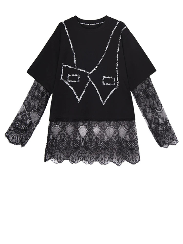 Women Black Pattern Lace Perspective Big Size T-shirt New Round Neck Long Sleeve Fashion Tide Spring Autumn 2025 1DJ0793