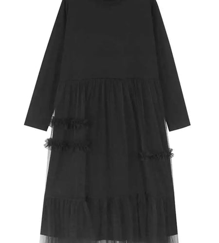 Women Black Mesh Ruffles Spliced Big Size Midi Dress New Round Neck Long Sleeve Fashion Tide Spring Autumn 2025 1DH7180
