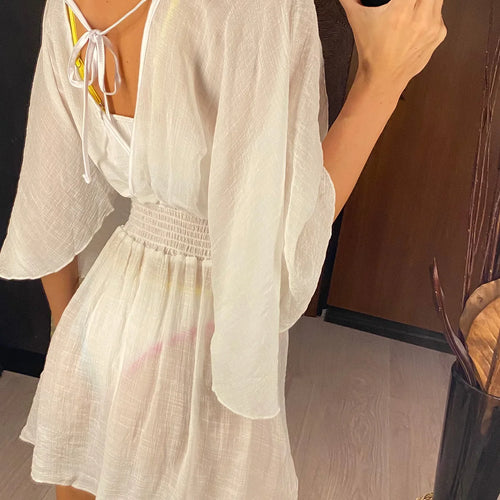 Load image into Gallery viewer, Sexy V Neck Long Sleeve Backless Chiffon Tunic Beach Cover Up Beach Cover-ups Beach Dress Beach Wear Beachwear V3840
