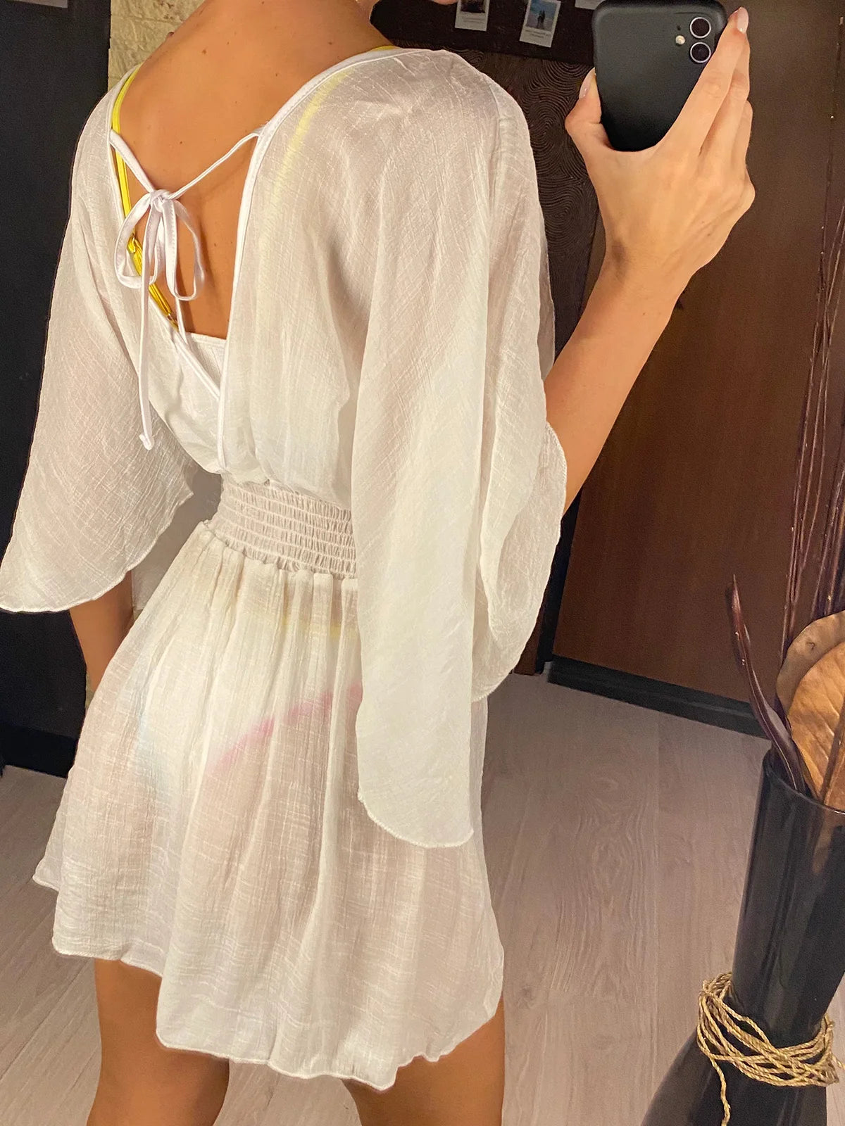 Sexy V Neck Long Sleeve Backless Chiffon Tunic Beach Cover Up Beach Cover-ups Beach Dress Beach Wear Beachwear V3840