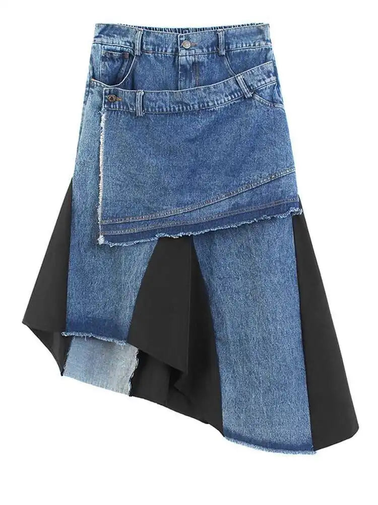 High Elastic Waist Black Denim Color-block Irregular Half-body Skirt Women Fashion Tide New Spring Autumn 2025 1DJ0125