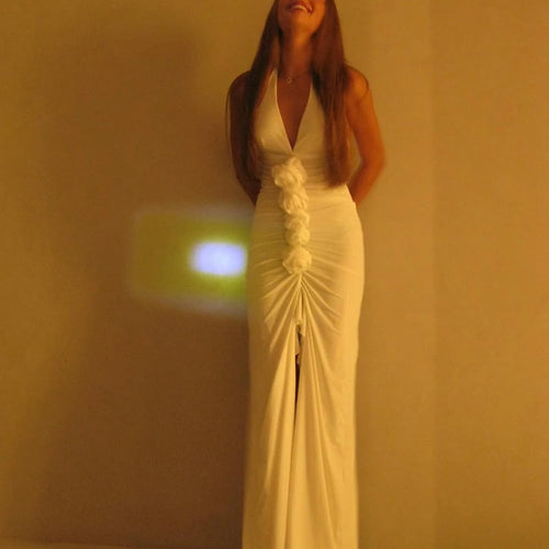 Load image into Gallery viewer, White Floral Ruched Sexy Maxi Dress For Women Gown Halter Deep V Neck Sleeveless Ruffled Bodycon Club Long Dress
