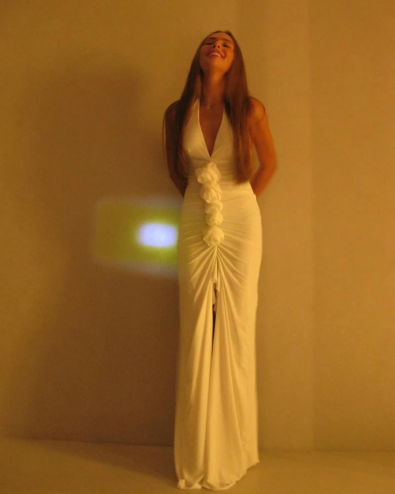 White Floral Ruched Sexy Maxi Dress For Women Gown Halter Deep V Neck Sleeveless Ruffled Bodycon Club Long Dress
