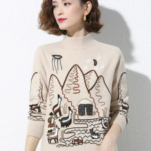 Load image into Gallery viewer, Women Sweater Korean College Style Cartoon Embroidery Winter Knitted Pullovers Loose Long Sleeve O-Neck Jumper Mujer Tops
