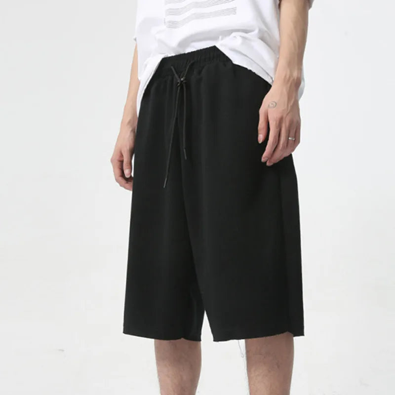 Simple Solid Color Men's Shorts Knee Length Wide Leg Drawstring Lace Male Fashion Trousers New Stylish Summer 9C6093