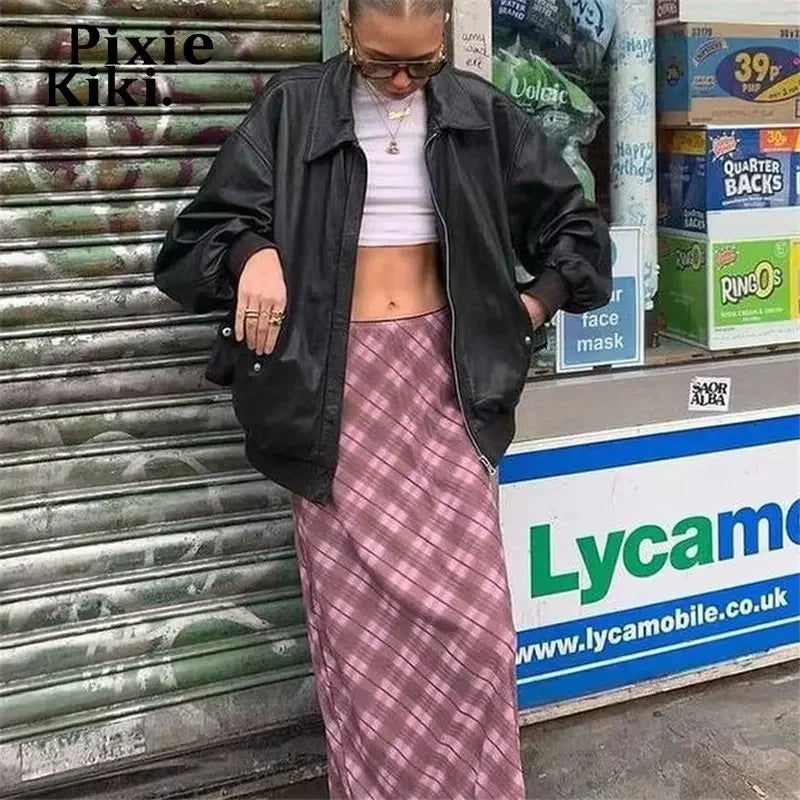 Y2k 2000s Pink Plaid Print Long Skirt Vintage Clothes 2023 Summer Womens Maxi Skirts Casual Bottoms P94-CZ22