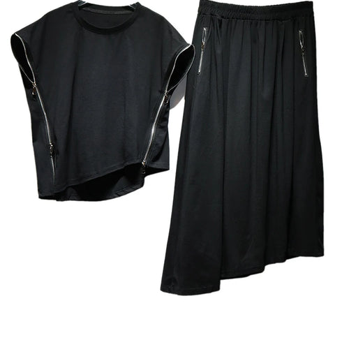 Load image into Gallery viewer, Black Zipper T-shirt Half-body Skirt Two Pieces Suit New Round Neck Sleeveless Women Fashion Spring Summer 2025  1DJ1016
