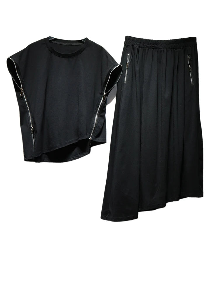 Black Zipper T-shirt Half-body Skirt Two Pieces Suit New Round Neck Sleeveless Women Fashion Spring Summer 2025  1DJ1016