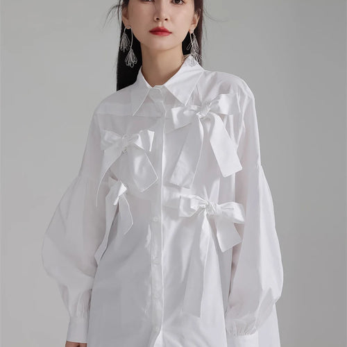 Load image into Gallery viewer, Women White Bow Spliced Big Size Elegant Blouse New Lapel Long Sleeve Shirt Fashion Tide Spring Autumn 2025 1DH5705
