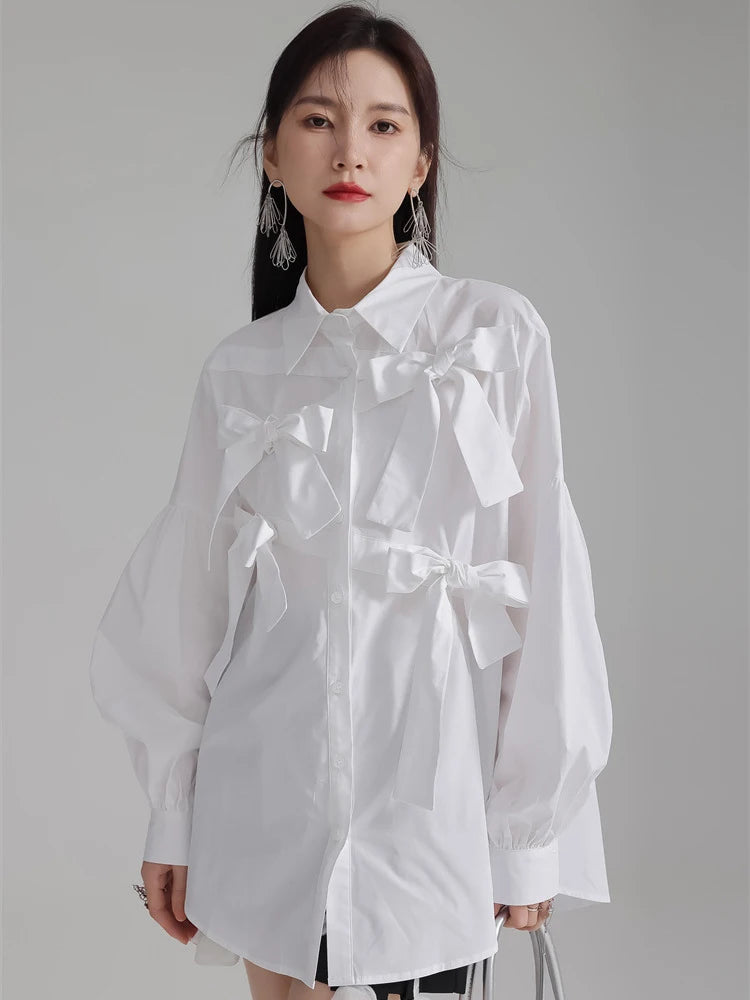 Women White Bow Spliced Big Size Elegant Blouse New Lapel Long Sleeve Shirt Fashion Tide Spring Autumn 2025 1DH5705