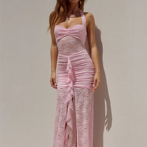 Load image into Gallery viewer, Lace Draped Ruched Sexy Maxi Dress Women Summer Patchwork Halter Sleeveless Backless Bodycon Club Long Dress Elegant
