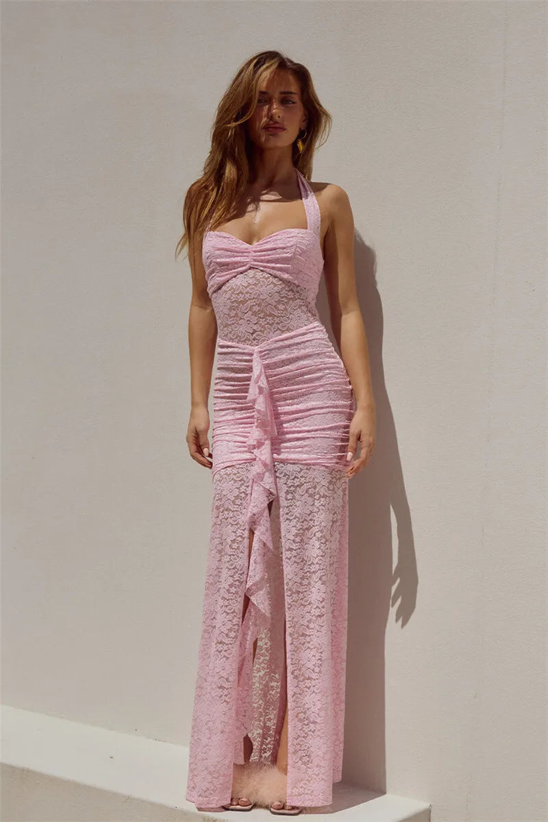 Lace Draped Ruched Sexy Maxi Dress Women Summer Patchwork Halter Sleeveless Backless Bodycon Club Long Dress Elegant