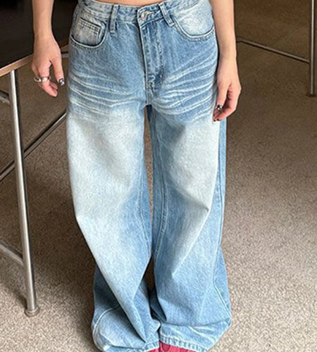 Gradient Loose Versatile Casual Jeans for Women High Wasit Patchwork Pockets Fashion Wide Leg Jean Female Clothing