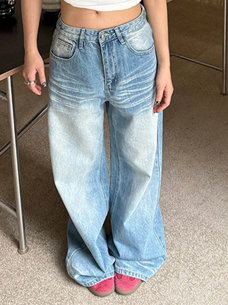 Gradient Loose Versatile Casual Jeans for Women High Wasit Patchwork Pockets Fashion Wide Leg Jean Female Clothing