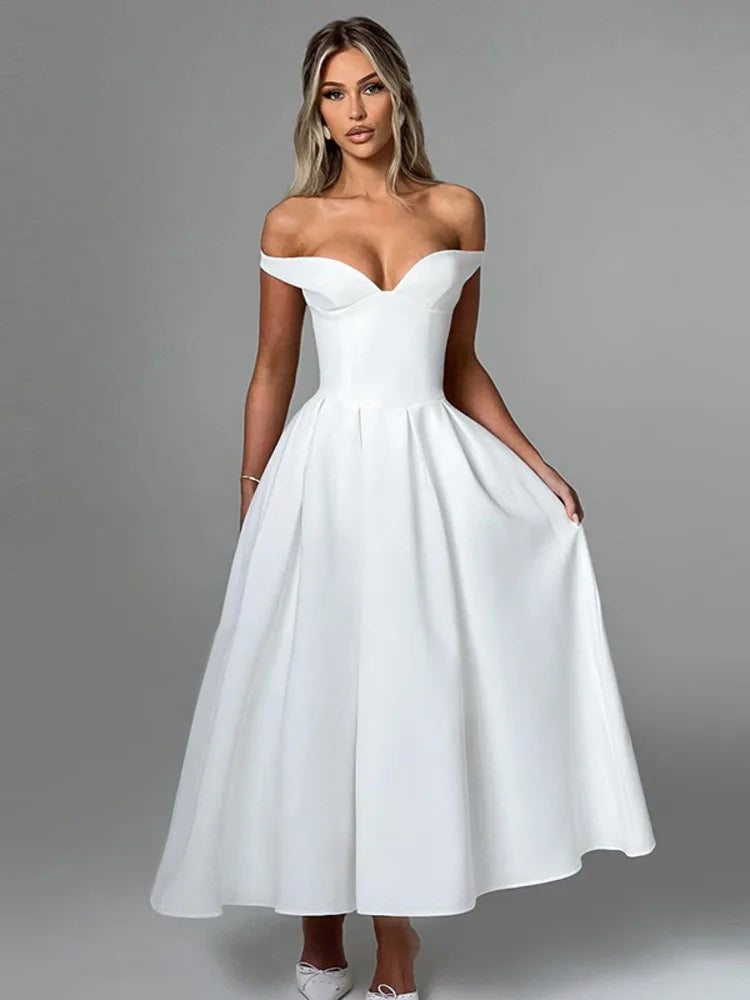 Off-shoulder Backless Pleated Maxi Dress Women Fashion Strapless Sleeveless High Waist A-line Club Long Dress Elegant